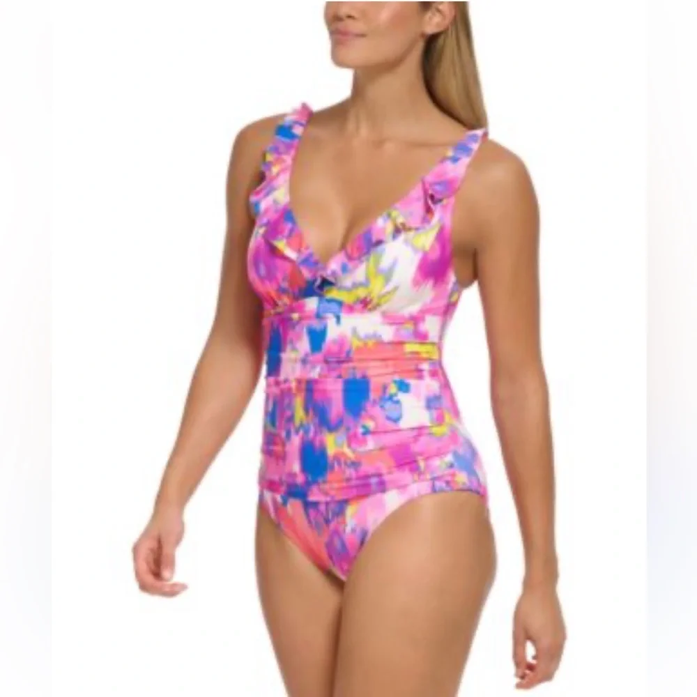 DKNY Ruffle Neck One-Piece Floral Slimming UV Protection Swimsuit - Picture 1 of 12